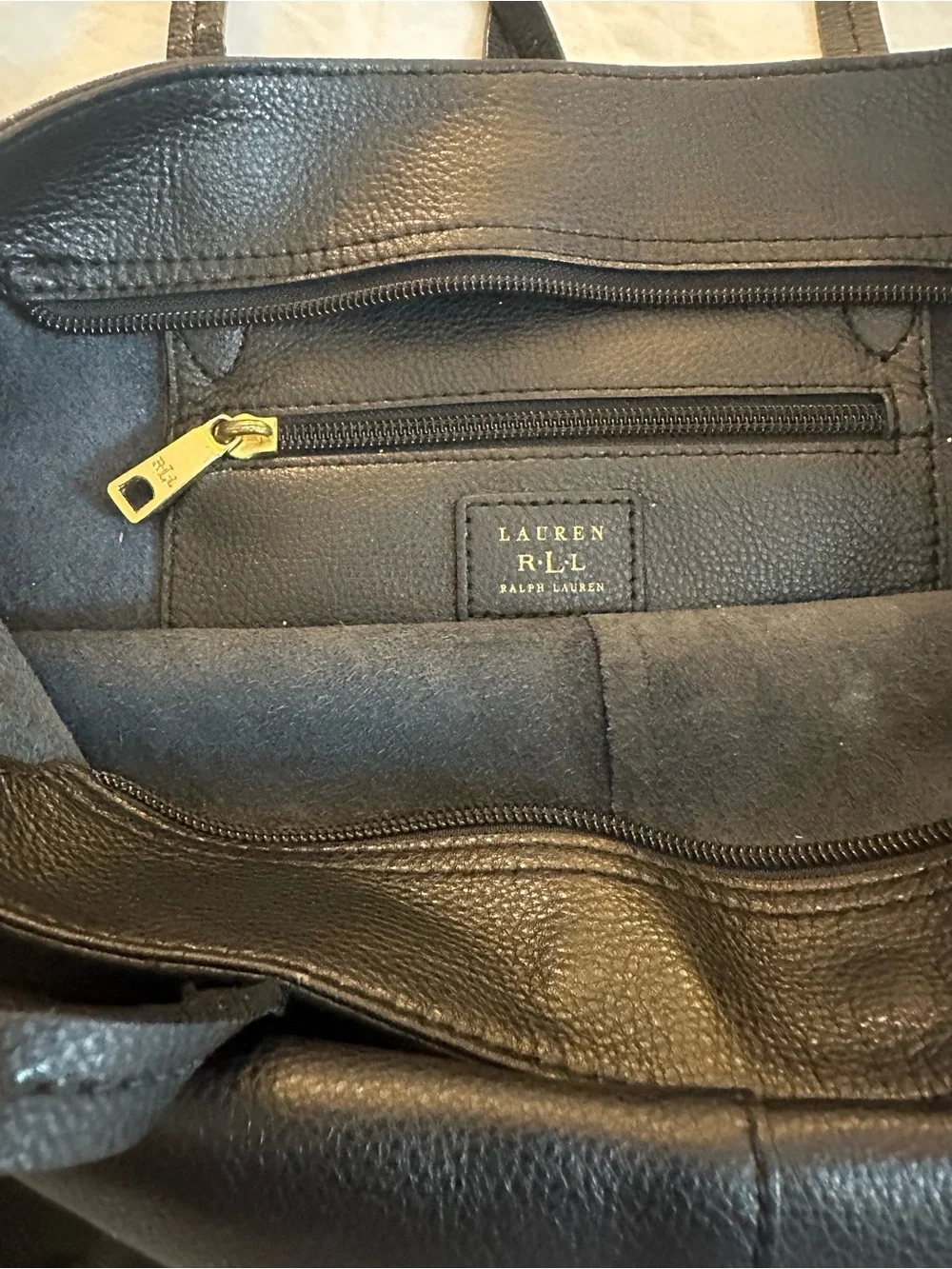 Lauren Ralph Lauren Black Leather Tote with Drawstring Detail